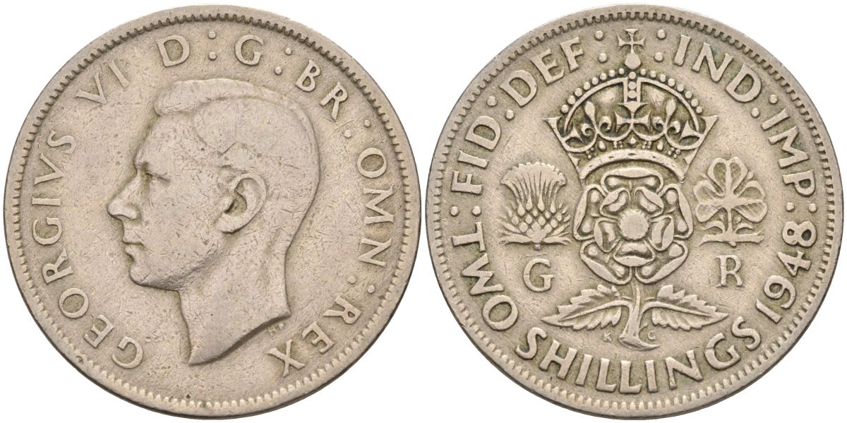 Великобритания 2 шиллинга (флорин) 1948 Георг VI (1936-1952) KM 865, Spink 4102 медно-никель 4117-1014