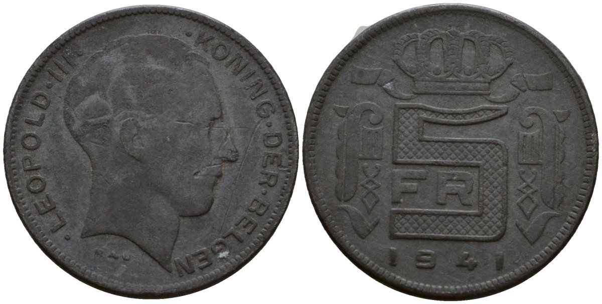 Бельгия 5 франков 1941 Belgen KM 130 цинк 4601-642