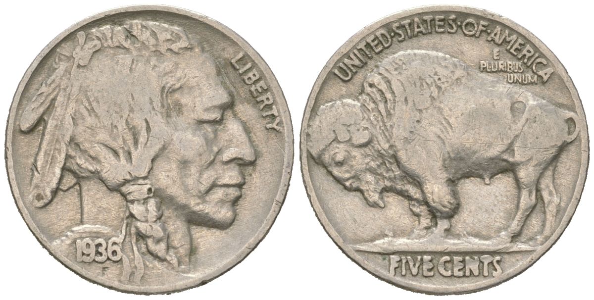 США 5 центов 1936 индеец, бизон KM 134 медно-никель 4614-1231