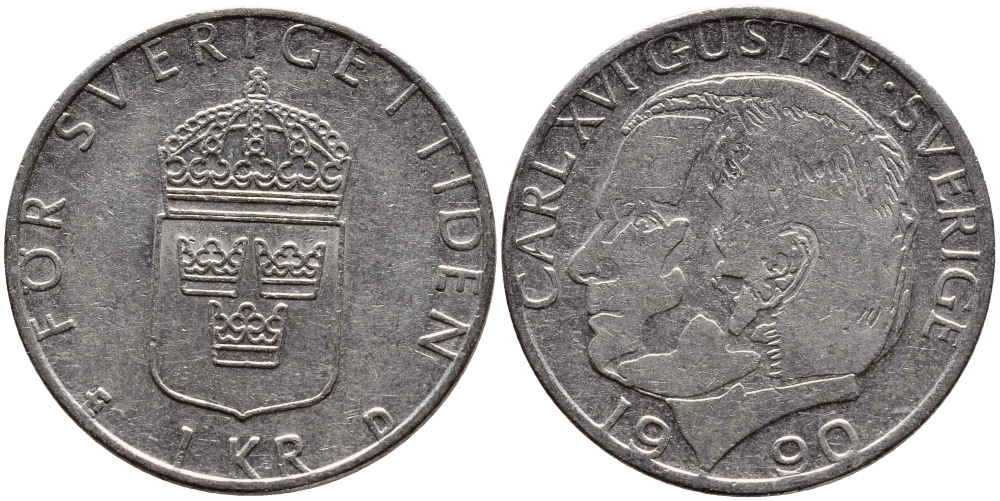 Швеция 1 крона 1990 Карл XVI Густав (1973- ) KM 852a медно-никель 4398-1237