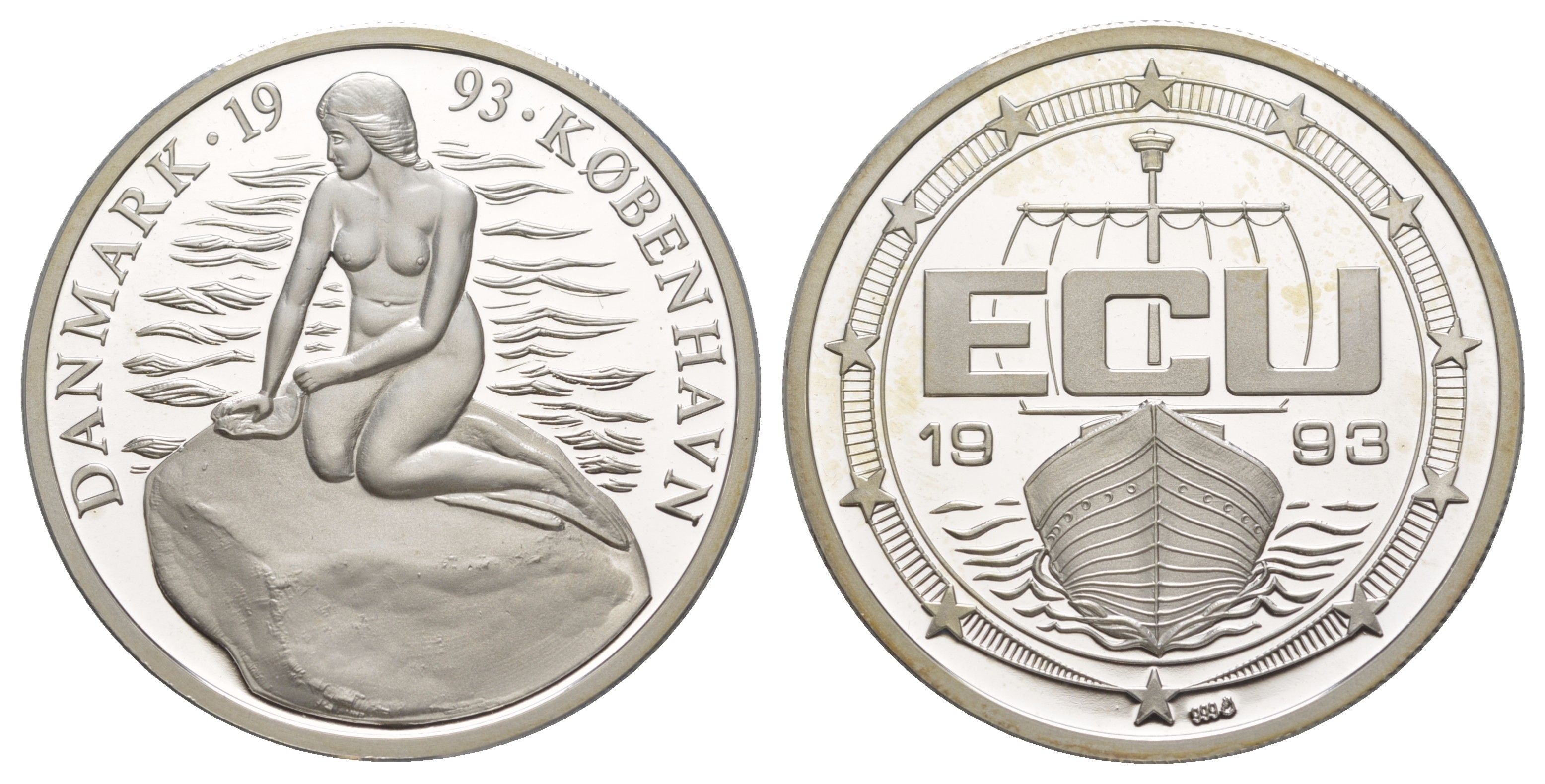 Дания 1 экю 1993 Копенгаген, Русалочка X 22 серебро PROOF 1083-5-44