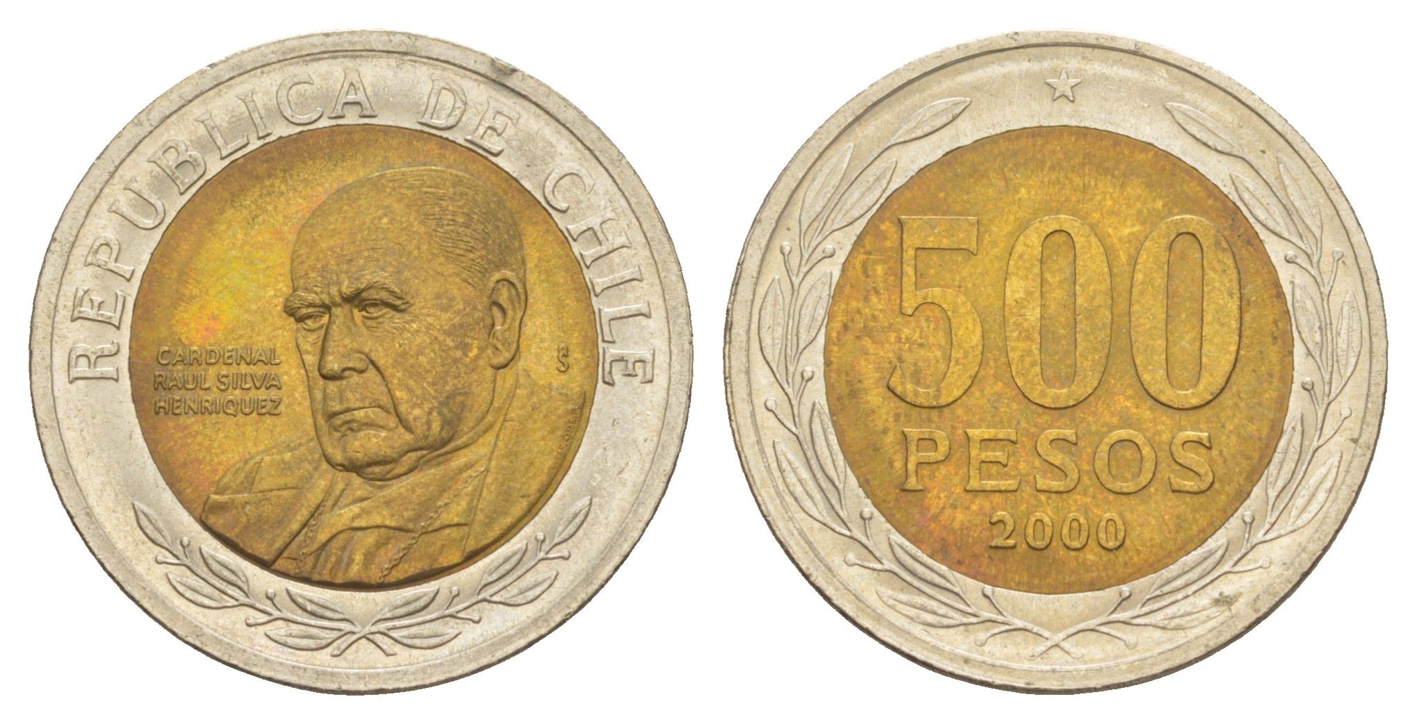 Чили 500 песо 2000 кардинал Рауль Сильва Энрикес (1907-1999) KM 235 биметалл UNC 4641-537