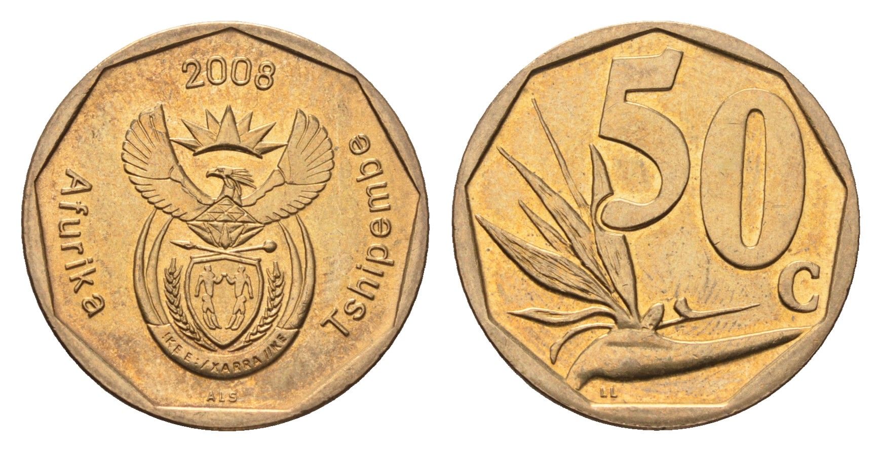 ЮАР 50 центов 2008 Зантедеския Эллиота (калла), герб, год-тип KM 443 сталь плакированная бронзой UNC 4693-337