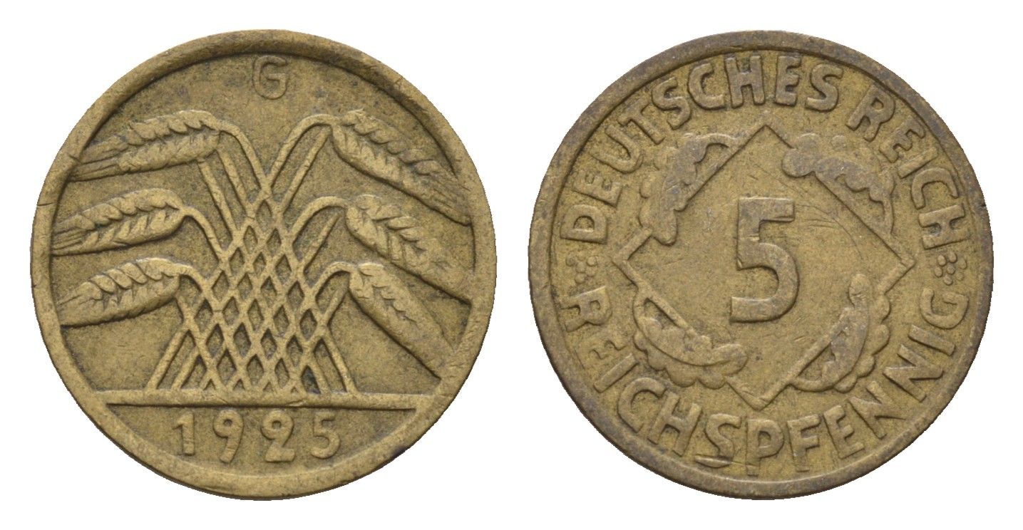 Германия 5 рейхспфеннигов 1925 G KM 39, J. 316 алюминиевая бронза 4684-221