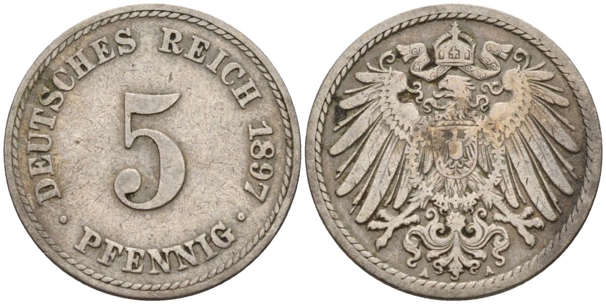 Германия 5 пфеннигов 1897 A KM 11, J. 12 медно-никель 4151-415