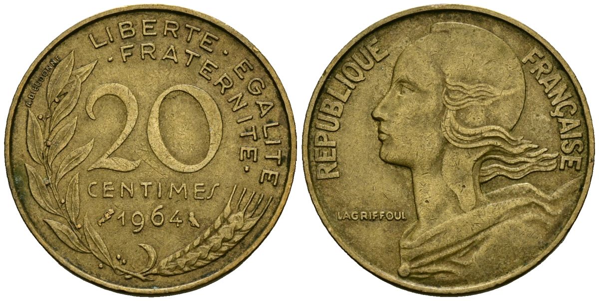 Франция 20 сантимов 1964 тип Marianne KM 930 алюминиевая бронза 4167-544