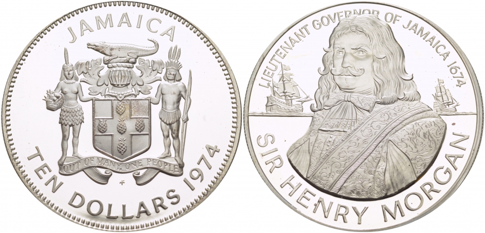 Ямайка 10 долларов 1974 губернатор Ямайки сэр Генри Морган KM 63а серебро PROOF 00-00