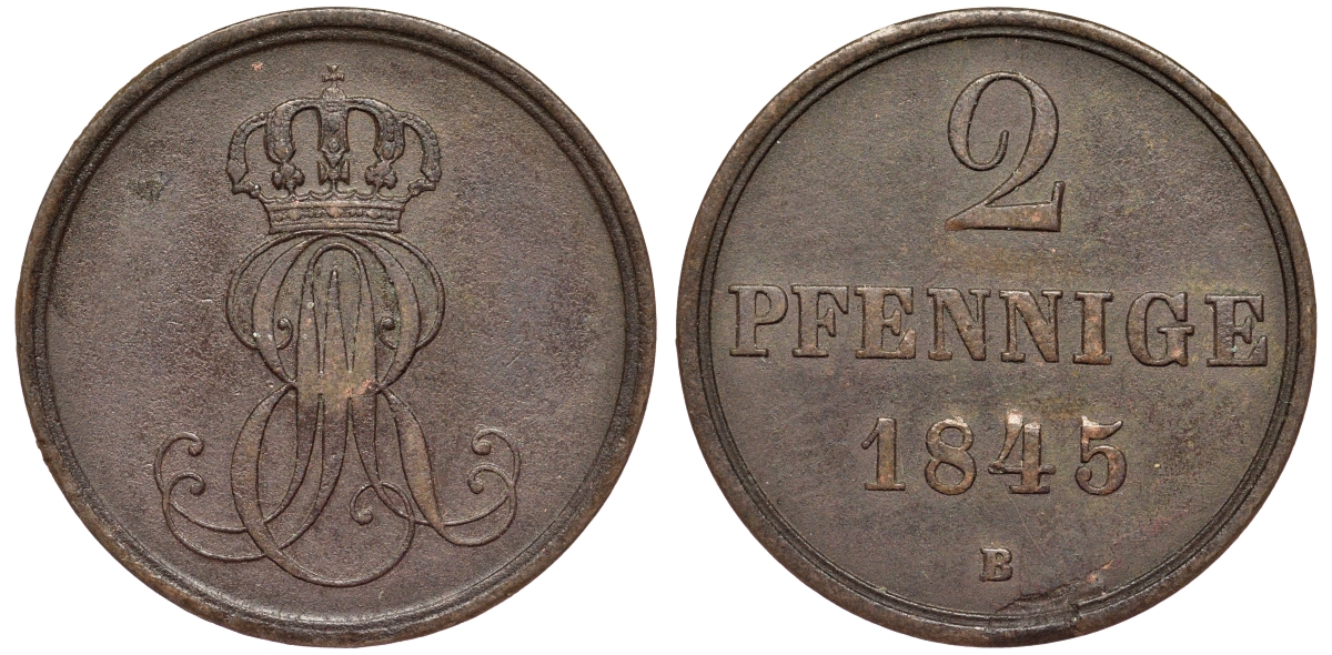 Ганновер 2 пфеннига 1845 B, Эрнст Август (1837-1851) KM 202.1, AKS 124, J. 75 медь 75-1824