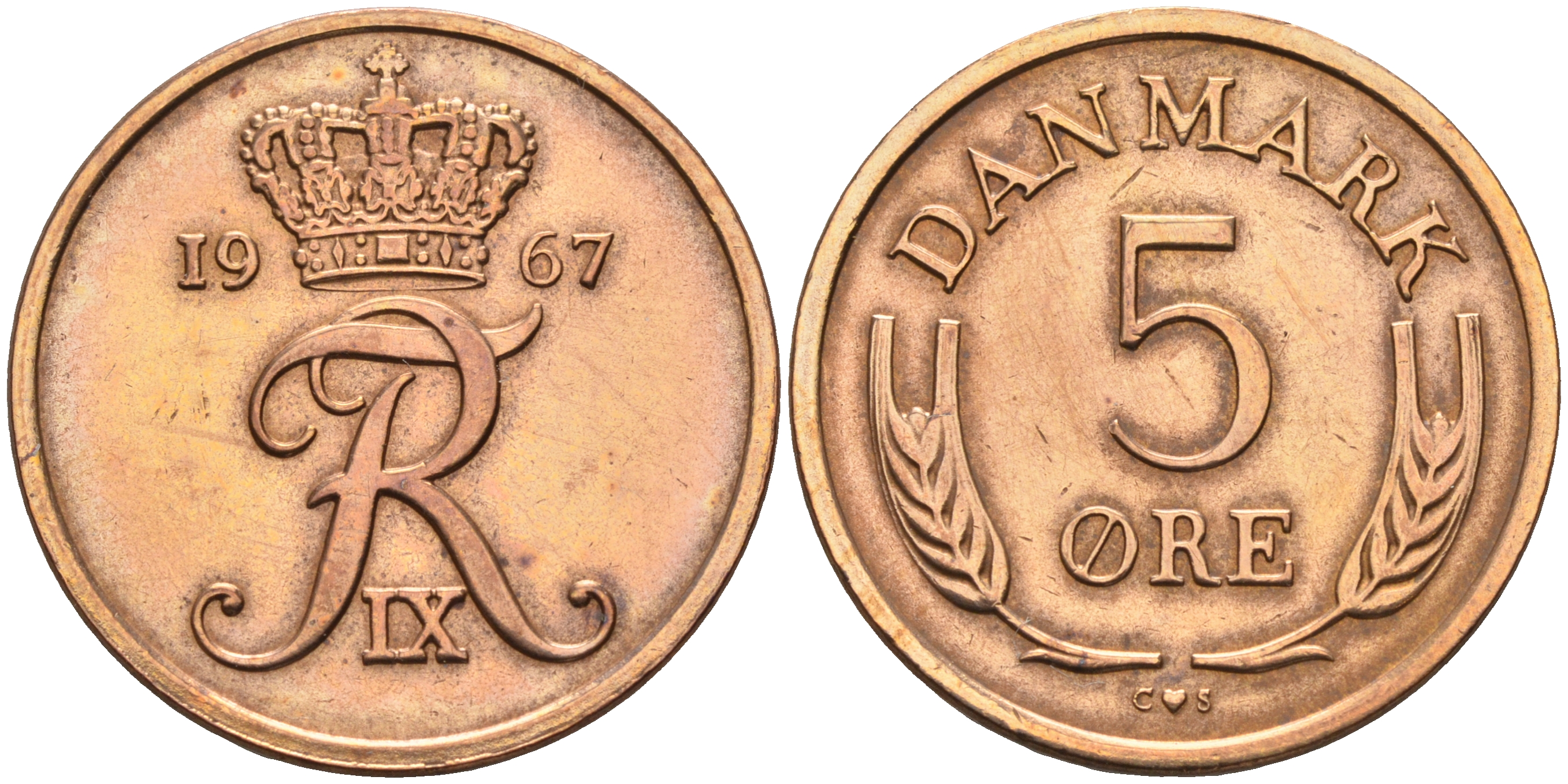 Дания 5 эре 1967 С. S, Фредерик IX (1947-1972) КМ 848.1 бронза    4177-157