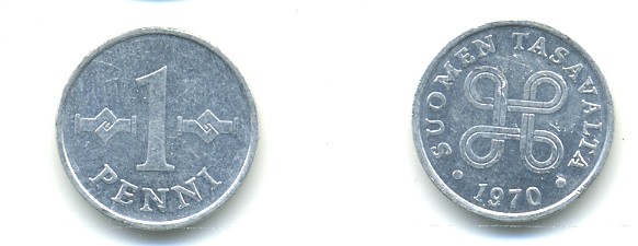 Финляндия 1 пенни 1970 KM 44а алюминий 80-835