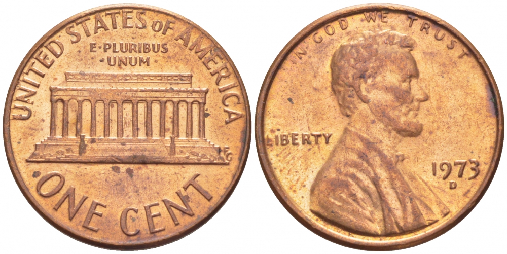 США 1 ЦЕНТ 1973 D, ЛИНКОЛЬН KM 201 медь цинк UNC 3309-255