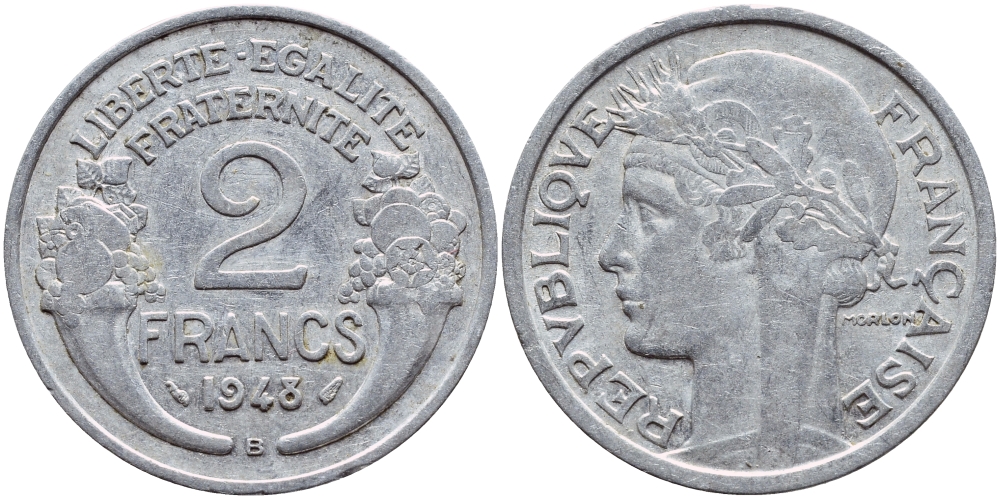 Франция 2 франка 1948 В KM 886а.2 алюминий 4397-752