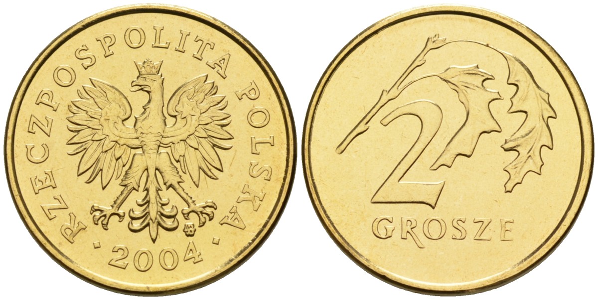 Польша 2 гроша 2004 MW KM 277, Parchimowicz 702k латунь UNC 02-264-23