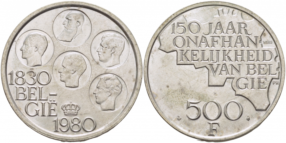 Бельгия 500 франков 1980 150 лет независимости, Belgie, Бодуэн I (1951-1993) KM 162 медно-никель покрытый серебром 107-315