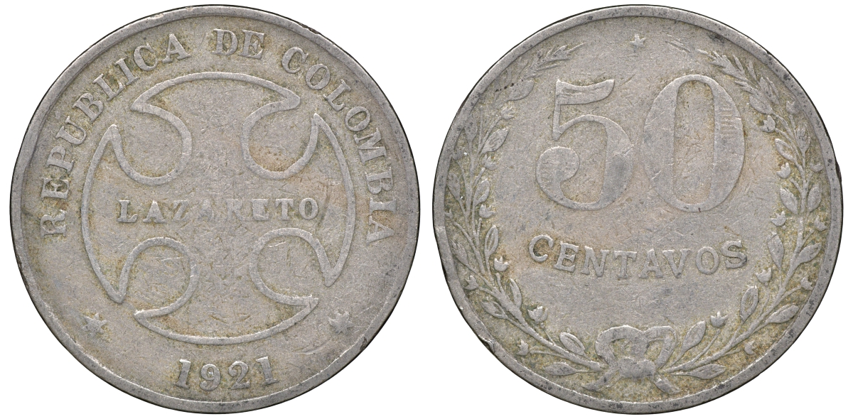 Колумбия 50 сентаво 1921 государственный лепрозорий KM L13 медно-никель 53-923
