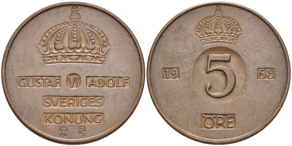 Швеция 5 эре 1958 TS, Густав VI Адольф (1950-1973) KM 822 бронза 4557-811