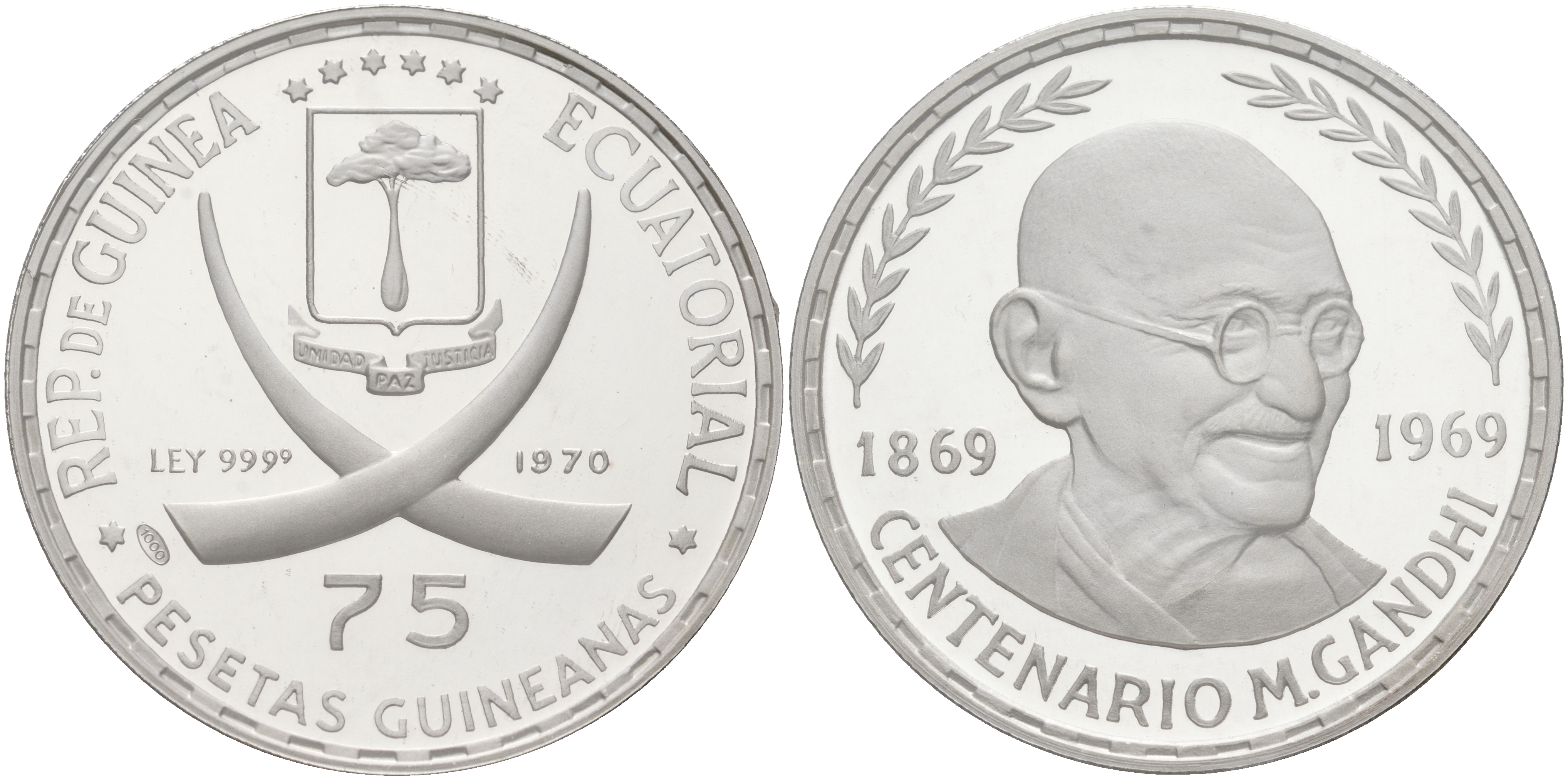 Экваториальная Гвинея 75 песет 1970 100 лет со дня рождения Махатмы Ганди, в запайке KM 11 серебро PROOF 3831-411