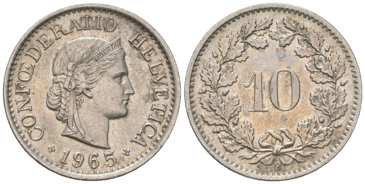 Швейцария 10 раппенов 1965 B KM 27 медно-никель 220-458