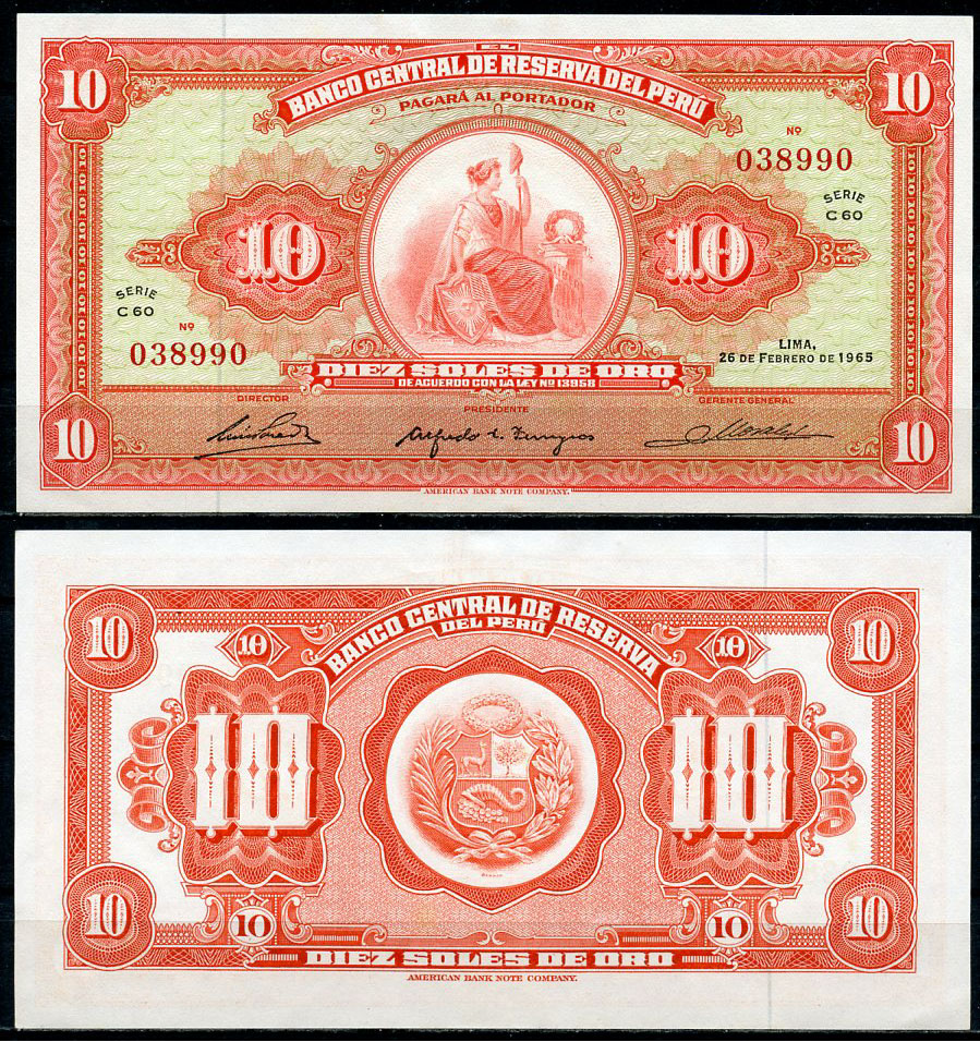 Перу 10 солей 1965 сидящая свобода, American Bank Note Company Pick 88  бумага  аUNC  3295-33-1-1