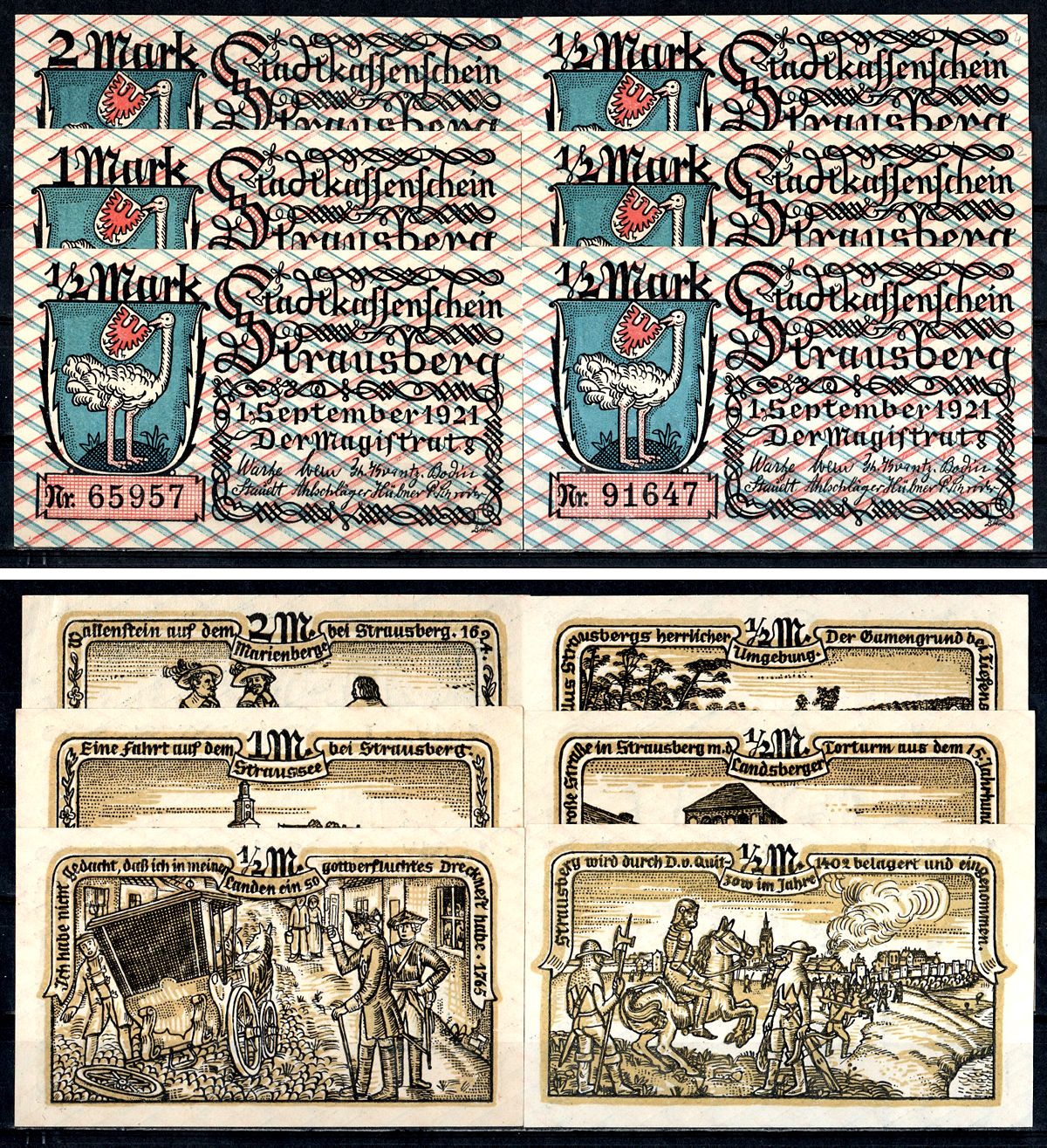 Штраусберг (Пруссия, Бранденбург) полный набор из 6 нотгельдов (1/2 (50 пфеннигов), 1 и 2 марки) 1921 Mehl Grabowski 1281.1 бумага UNC (пресс) 7556-53-1-2
