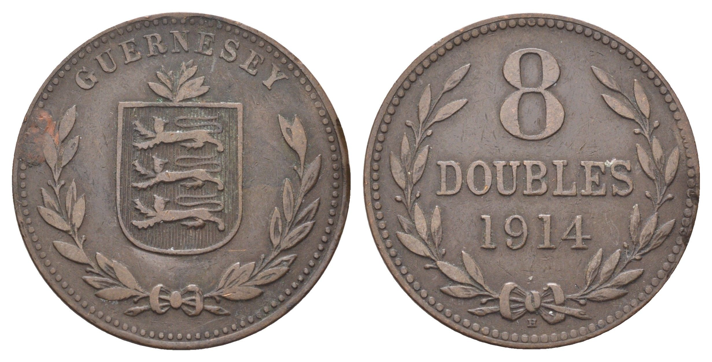 Гернси 8 даблов (дублей) 1914 KM 14 бронза 4692-944