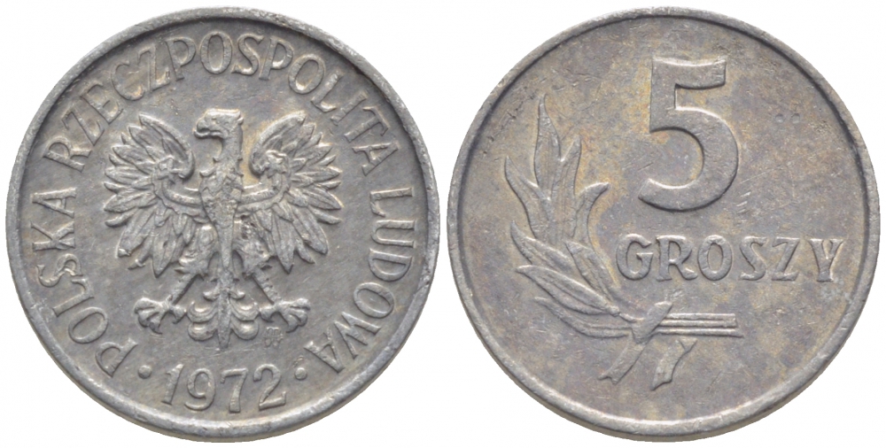 ПОЛЬША 5 ГРОШЕЙ 1972 MW KM А46 алюминий 112-368