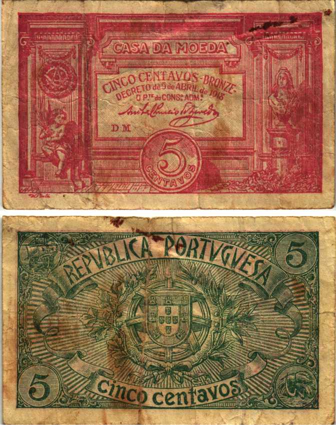 Португалия 5 сентаво бронзовых 1918 Casa da Moeda, красная Pick 98 бумага 7222-49-1-1