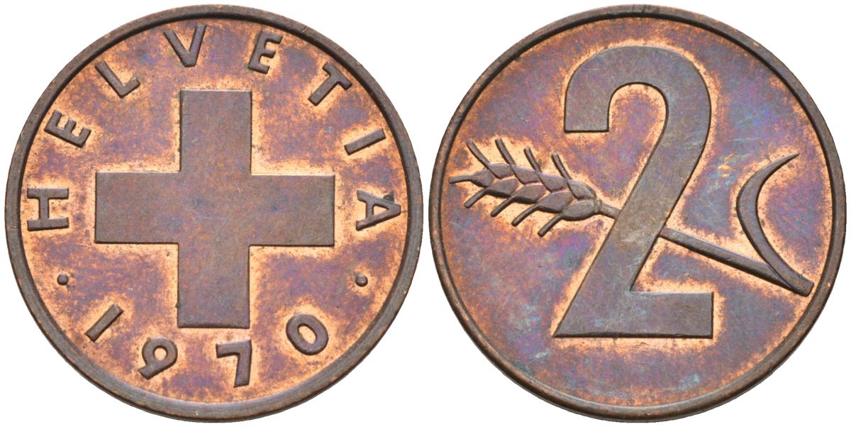 Швейцария 2 раппена 1970 KM 47 бронза 4592-657