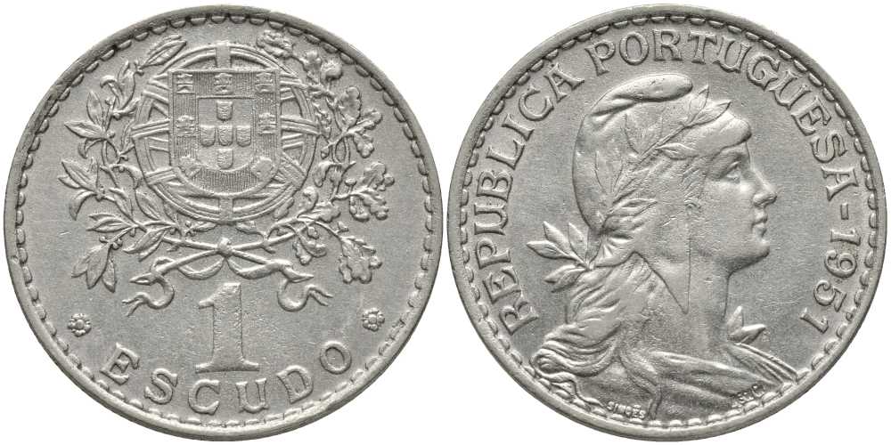 ПОРТУГАЛИЯ 1 ЭСКУДО 1951 ГОЛОВА СВОБОДЫ ВПРАВО КМ 578 медно-никель 202-351