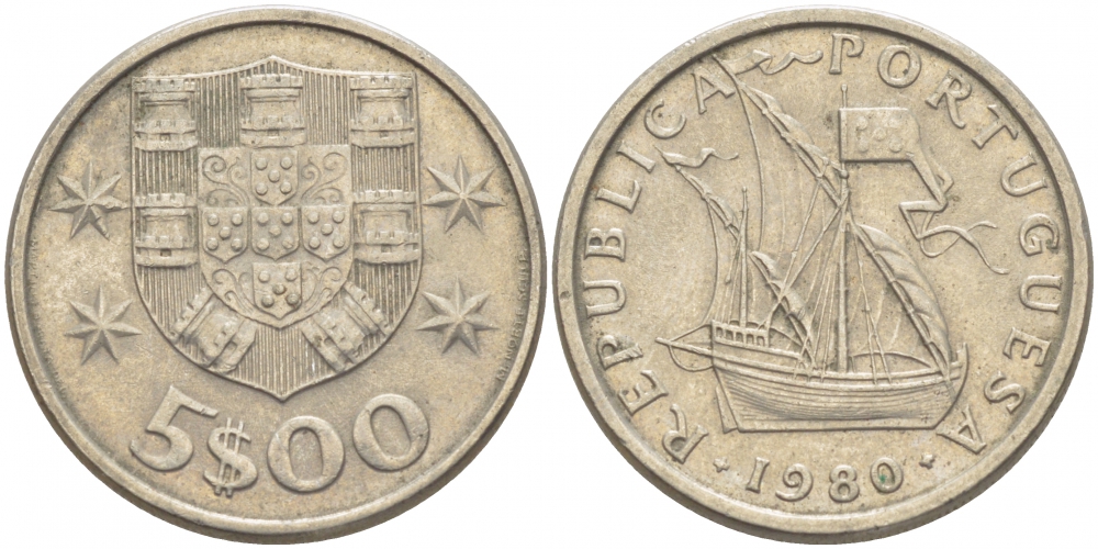 ПОРТУГАЛИЯ 5 ЭСКУДО 1980 ПАРУСНИК KM 591 медно-никель 87-1114