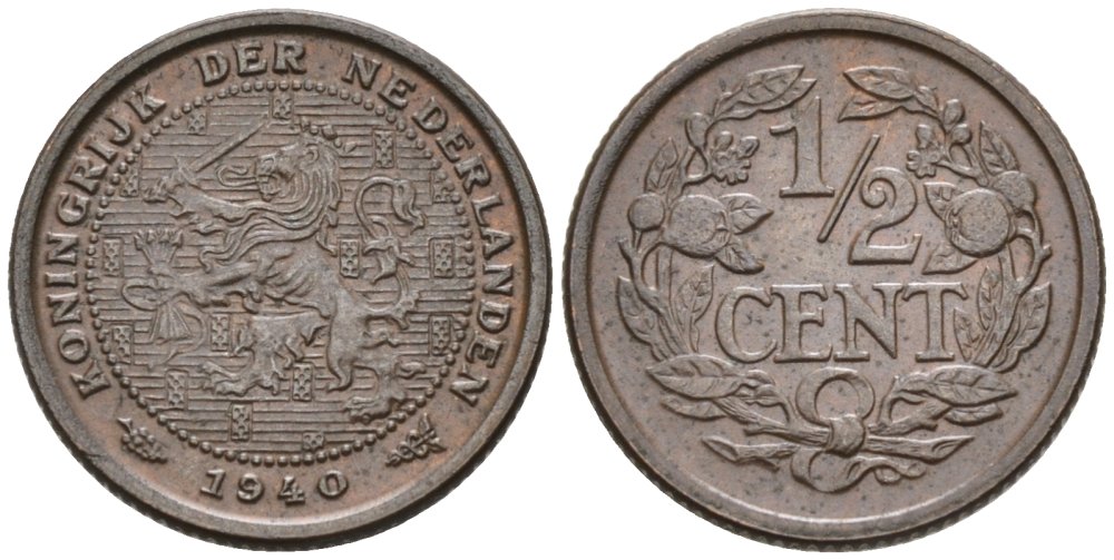 Нидерланды 1/2 цента 1940 Вильгельмина (1890-1948) KM 138 бронза 4576-134