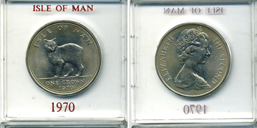 Остров Мэн 1 крона 1970 кошка Мэна, в оригинальной пластиковой коробке KM 18 медно-никель UNC 6-6-1-27