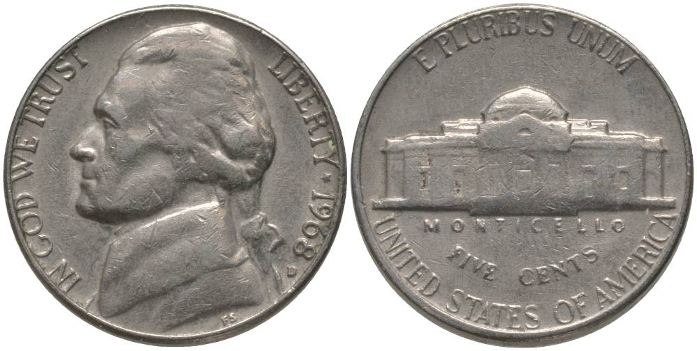 США 5 ЦЕНТОВ 1968 D, ДЖЕФФЕРСОН KM А192 медно-никель 181-113