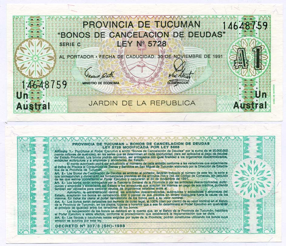 Аргентина, провинция Тукуман 1 аустраль 1991 Pick S 2711b бумага UNC (пресс) 8611-43-3-2