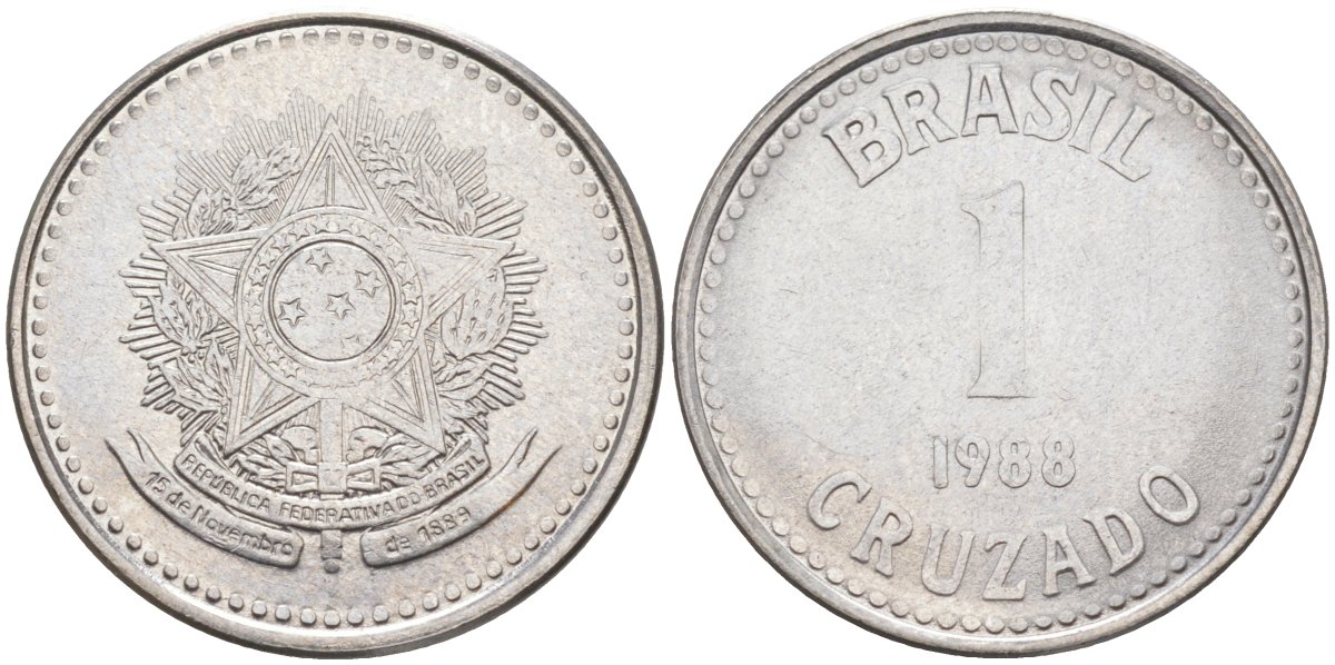 Бразилия 1 крузадо 1988 KM 605 нержавеющая сталь 219-435