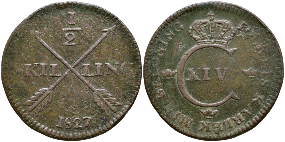 Швеция 1/2 скиллинга 1827 Карл XIV Юхан (1818-1844) KM 596 медь 4680-143