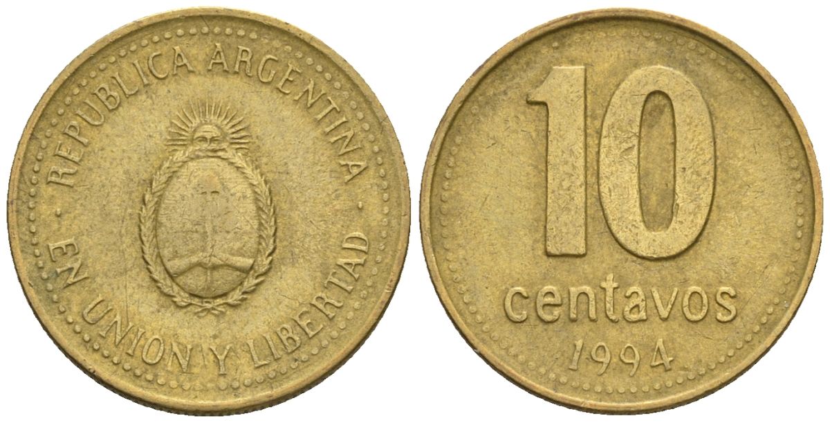 Аргентина 10 сентаво 1994 KM 107, CJ 3, Schon 110 алюминиевая бронза 4609-1252