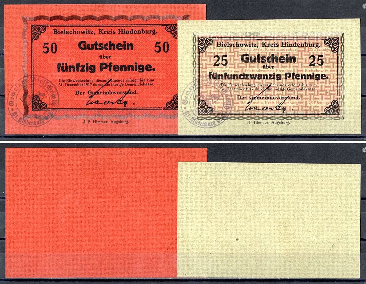 Бельшовиц (Пруссия, Силезия) полный набор из 2 нотгельдов (25 и 50 пфеннигов;) 1917 Mehl Grabowski B45.2 бумага UNC (пресс) 7556-50-3-2