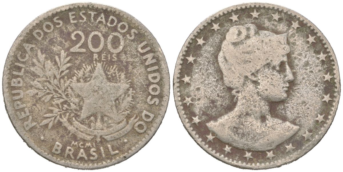 Бразилия 200 реалов 1901 MCMI, голова свободы вправо KM 504 медно-никель 4612-126