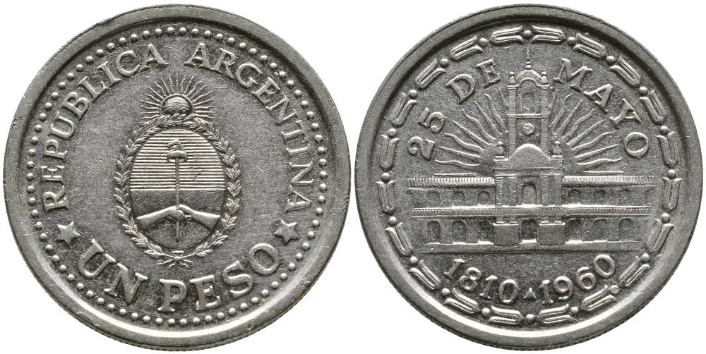 Аргентина 1 песо 1960 150 лет свержения Испанского вице-короля (1810-1960) KM 58 сталь плакированная никелем 4525-927
