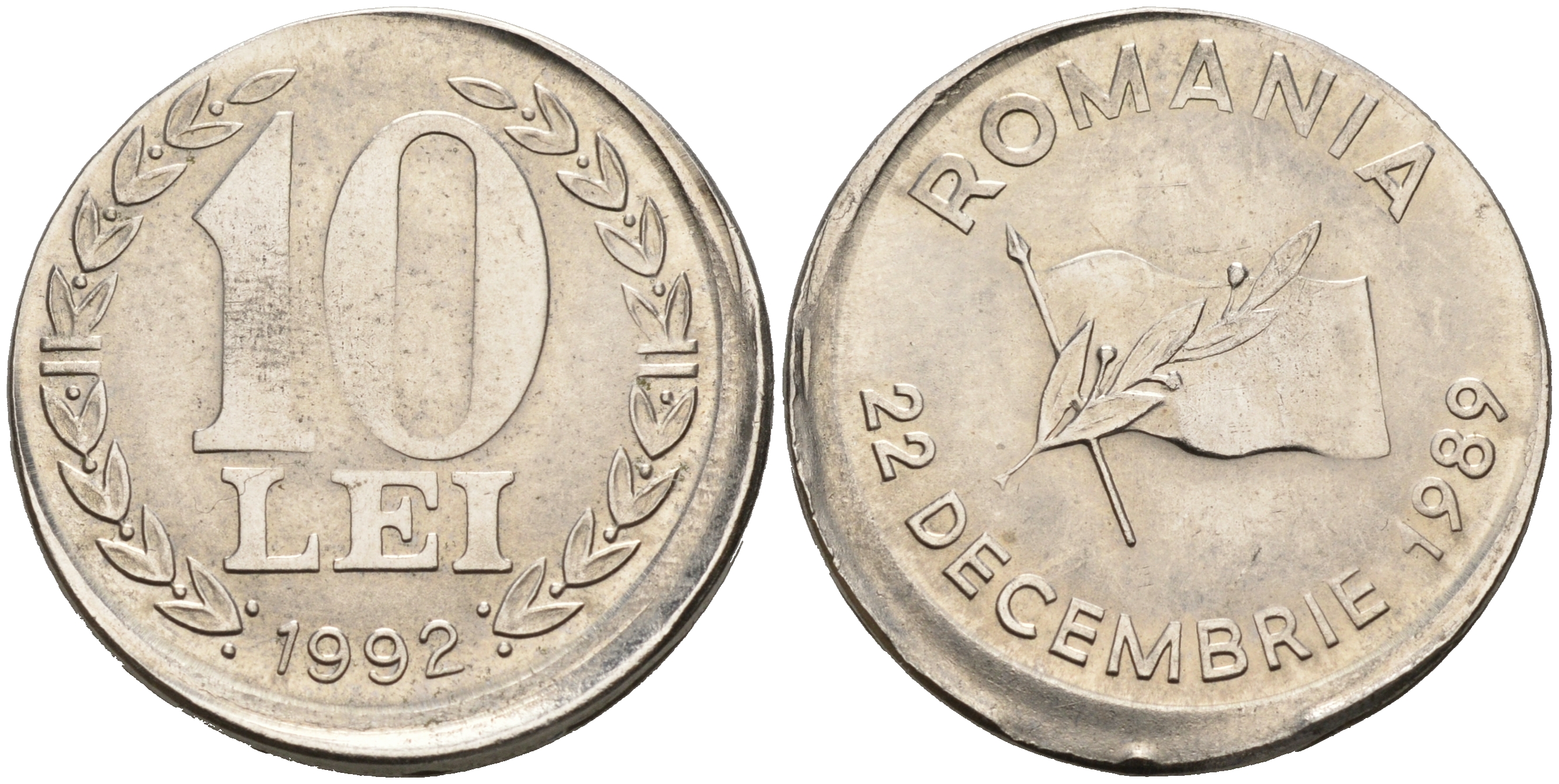 Румыния 10 леев 1992 технологический брак монетного двора KM 108 сталь плакированная никелем UNC 441-633