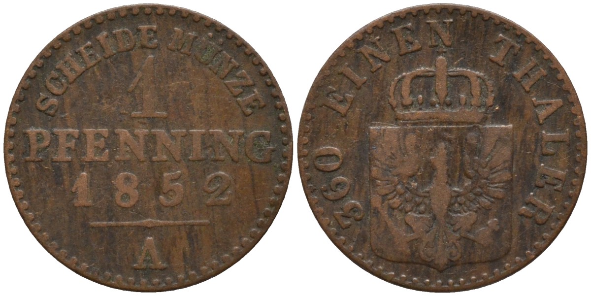 Пруссия 1 пфенниг 1852 A, Фридрих Вильгельм IV (1840-1861) KM 451 медь 4549-818