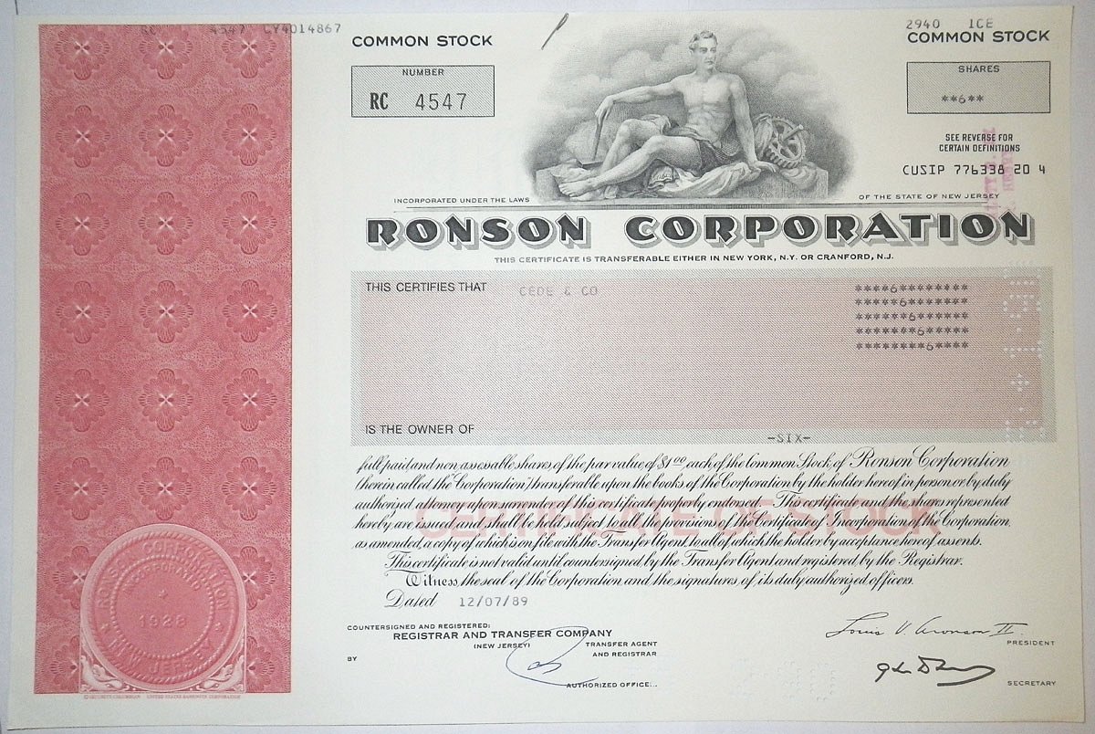 США, RONSON CORPORATION 6 акций 1989 США бумага 00-00