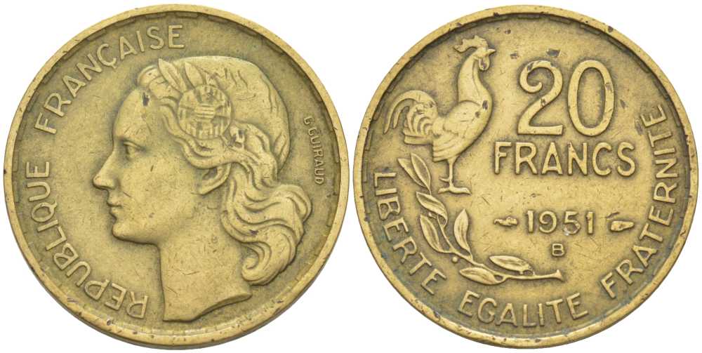 ФРАНЦИЯ 20 ФРАНКОВ 1951 B, ПЕТУХ, 4 ПЕРА KM 917.2, LE FRANC 402.8 алюминиевая бронза 175-652