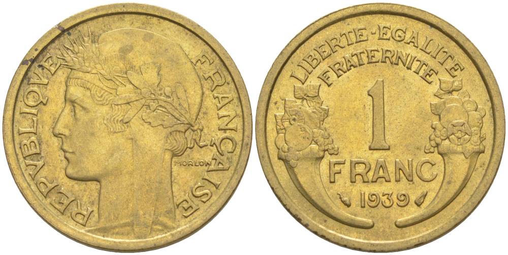 Франция 1 франк 1939 тип Морлон KM 885, LE FRANC 219.10 алюминиевая бронза 3853-156