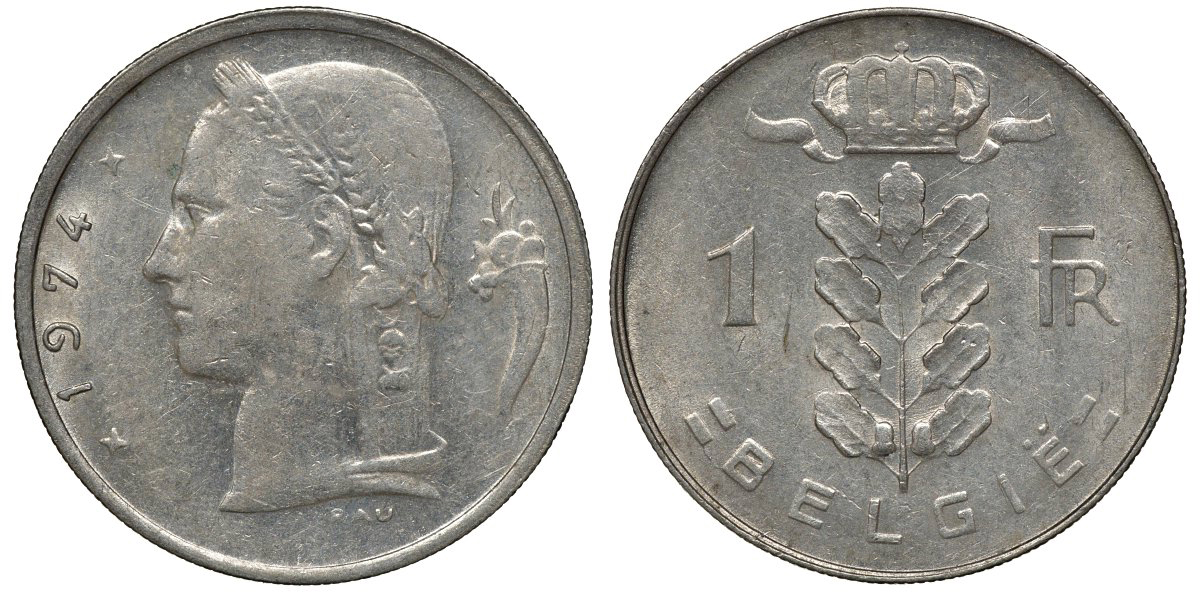 БЕЛЬГИЯ 1 ФРАНК 1974 KM 142.1 медно-никель 72-1052