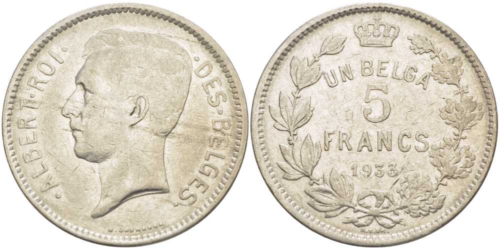 БЕЛЬГИЯ 5 ФРАНКОВ 1933 АЛЬБЕРТ I, DES BELGES KM 97.1 никель 3851-236