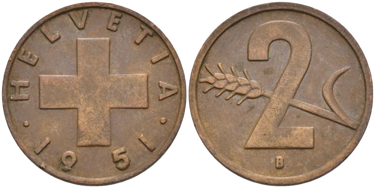 Швейцария 2 раппена 1951 В KM 47 бронза 4114-913