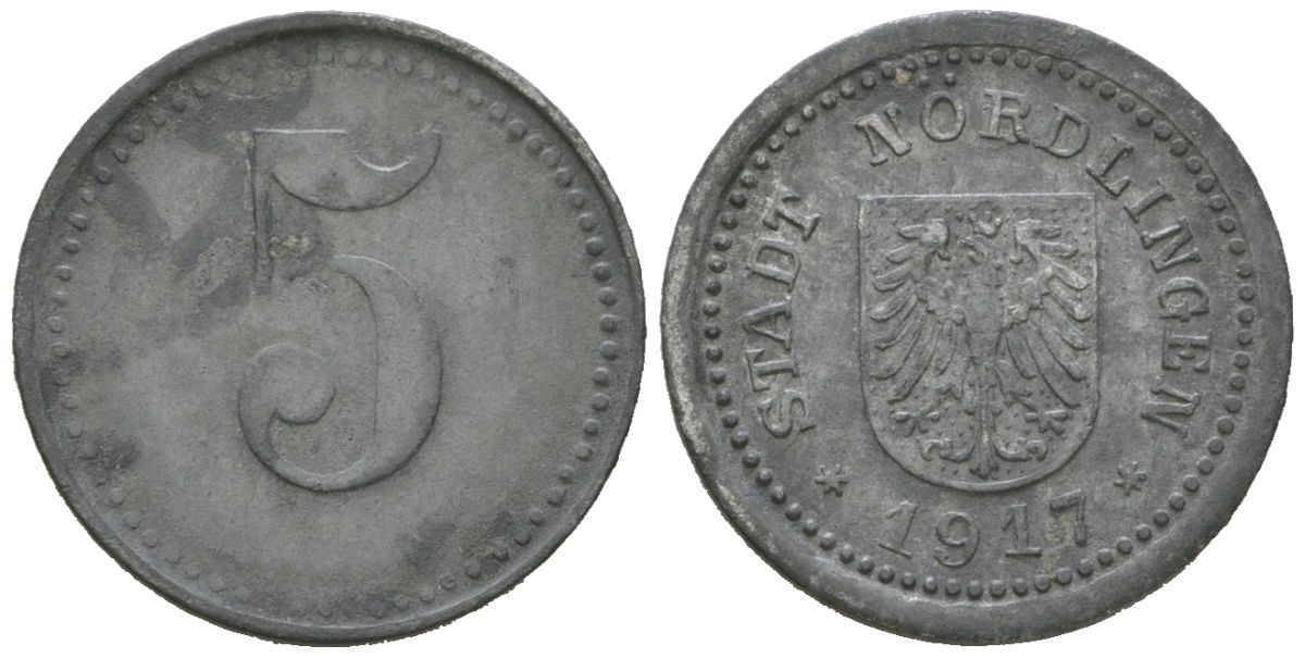 Нердлинген (Бавария) 5 пфеннингов 1917 Funck 381.1, Men18 23671.1 цинк 4169-1241