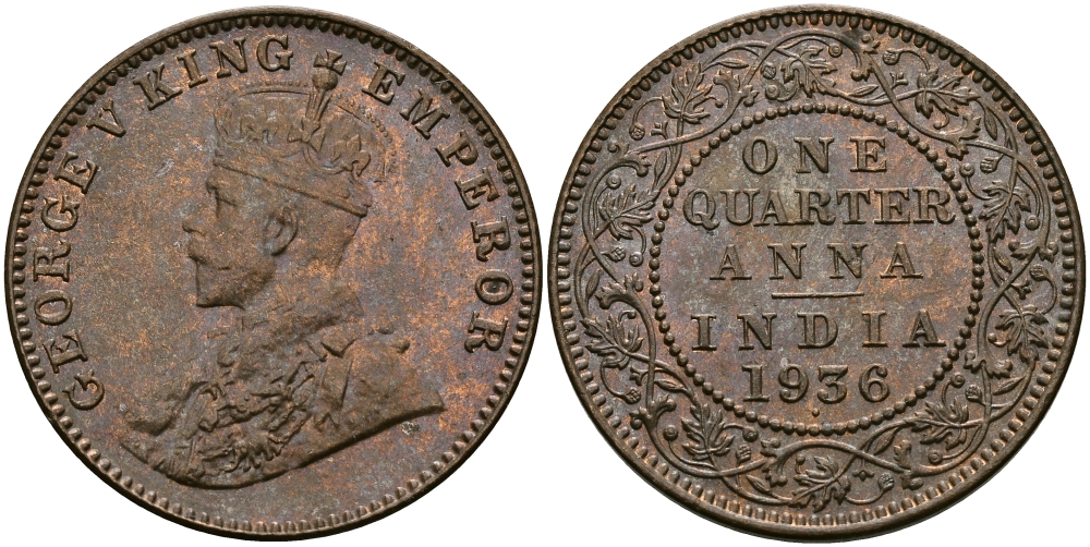 Британская Индия 1/4 анна 1936 Георг V (1910-1936) KM 512 бронза UNC 94-247